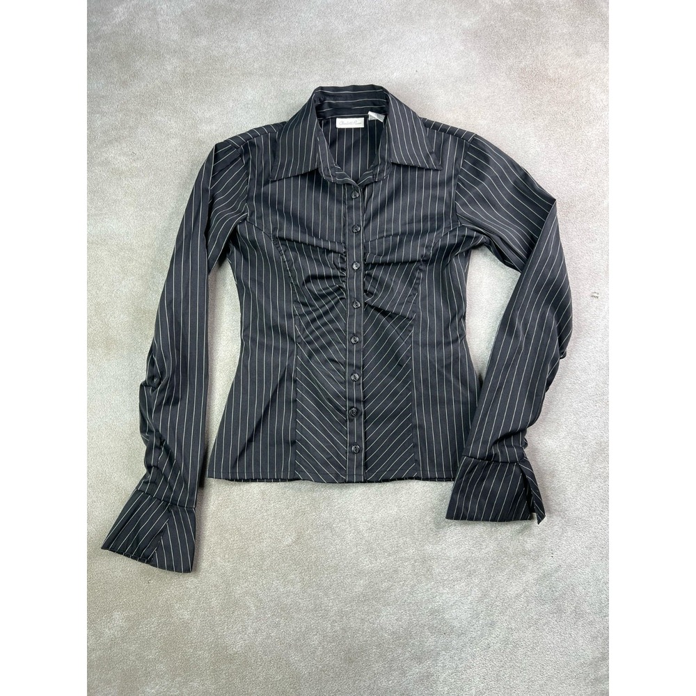 VTG Charlotte Russe Y2K Ruched Pinstripe Blouse Black Office Sire Flared Cuff S